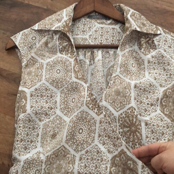 Tan/ Creme pattered, sleeveless, long wrap blouse, Zero, Eur36/US6, - Picture 4 of 10
